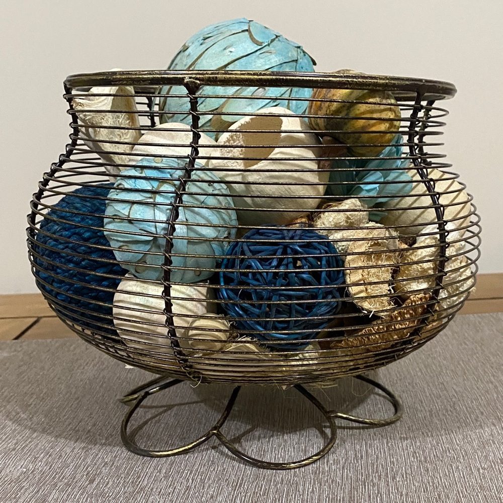 Elegant Wire Basket with Blue and White Accents